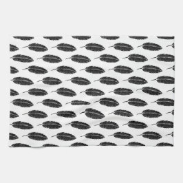 Paño De Cocina Linocut de plumas rusticas en blanco y negro