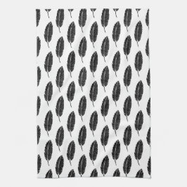 Paño De Cocina Linocut de plumas rusticas en blanco y negro