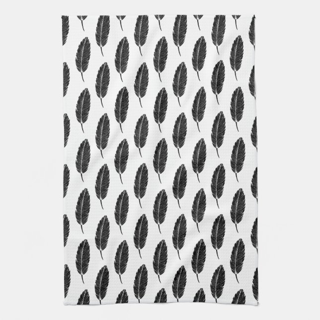 Paño De Cocina Linocut de plumas rusticas en blanco y negro (Vertical)