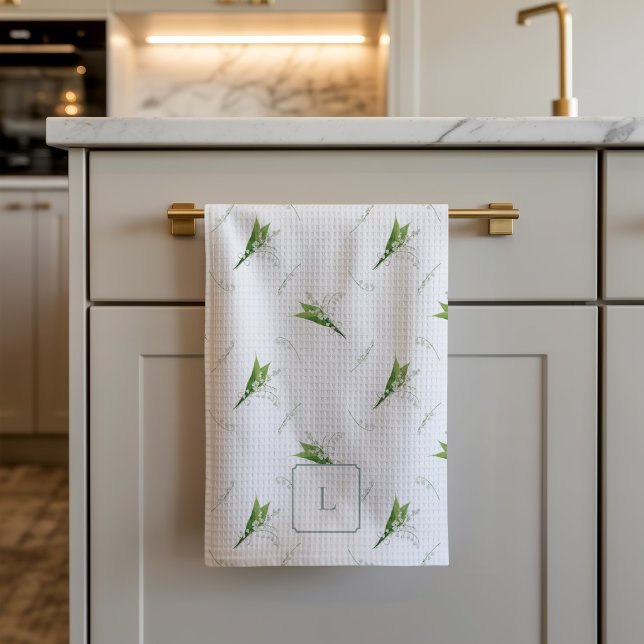 Paño De Cocina Lirio de Valle Blanco Flor Monogramada  (Lily of the Valley Kitchen Towel)