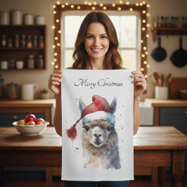 Paño De Cocina Llama de Navidad Sombrero de Santa de Acuarela con