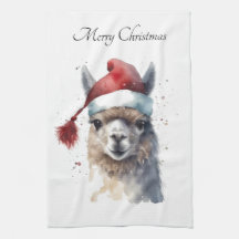 Llama de Navidad Sombrero de Santa de Acuarela con