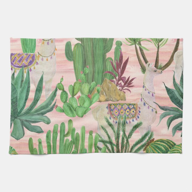 Paño De Cocina Llamas acuarelas y patrones de cactus. (Horizontal)