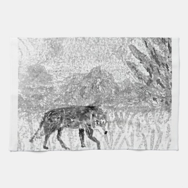 Paño De Cocina Lobo de arte animal salvaje monocromo (Horizontal)