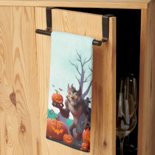 Paño De Cocina Lobo feroz y calabazas de Halloween