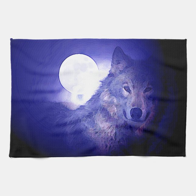 Paño De Cocina Lobo, luna y noche azul (Horizontal)