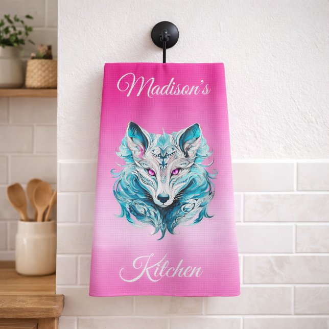 Paño De Cocina Lobo Místico Bosque Turquesa Rosa  (Subido por el creador)