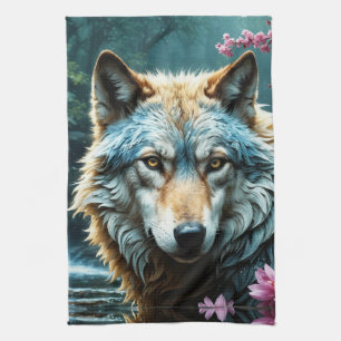 Paño De Cocina Lobo parado en un río con flores