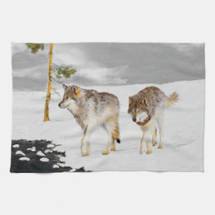 Paño De Cocina Lobos en pintura de nieve - Arte de vida salvaje o