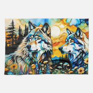 Paño De Cocina Lobos grises y flores silvestres