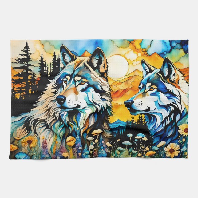 Paño De Cocina Lobos grises y flores silvestres (Horizontal)