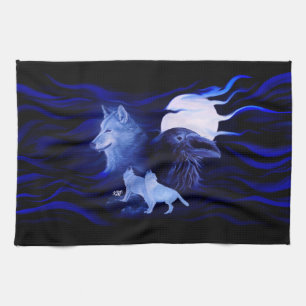Paño De Cocina Lobos y Raven con luna llena