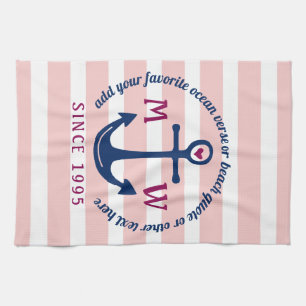Paño De Cocina Logotipo de monograma náutico de bandas rosa del