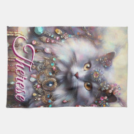 Paño De Cocina Long Hair Gray Cat w/Jewels Gemstones Personalized