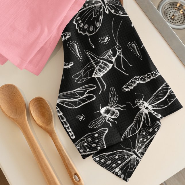 Paño De Cocina Los insectos negros y blancos adoran a Bug (Black and White "Love Bug" Insects Kitchen Towel. Hand-drawn Butterflies, Bees, Dragonflies, & More!)