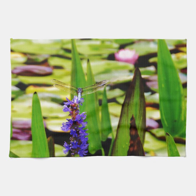 Paño De Cocina Loto de la libélula y flor púrpura (Horizontal)