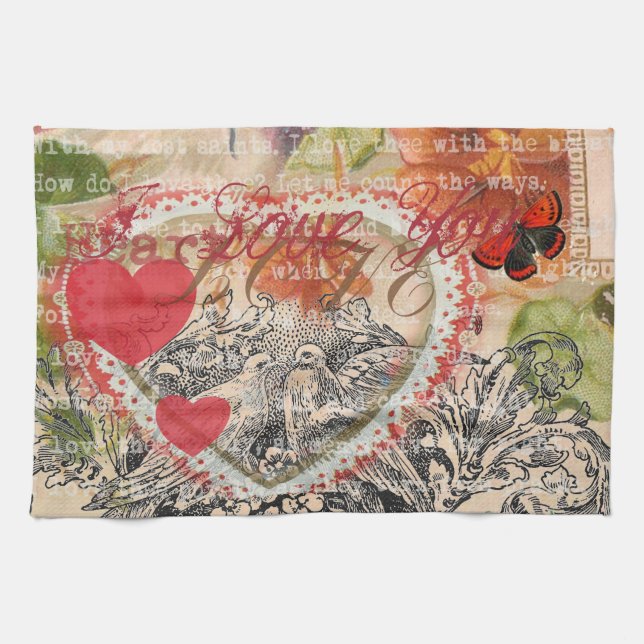 Paño De Cocina Love Birds Heart Red Art Collage (Horizontal)