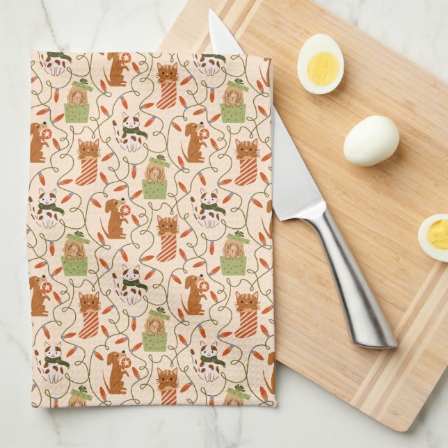 Paño De Cocina Luces de gatos y perros pequeños Navidades (Doblado Cuarto)