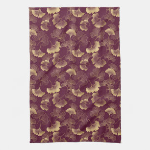 Paño De Cocina Lujo Ginkgo Burgundy Oro