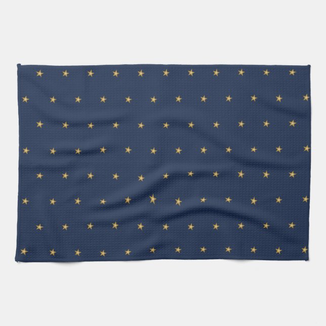 Paño De Cocina Luminosas Estrellas De Oro En Azul Oscuro (Horizontal)