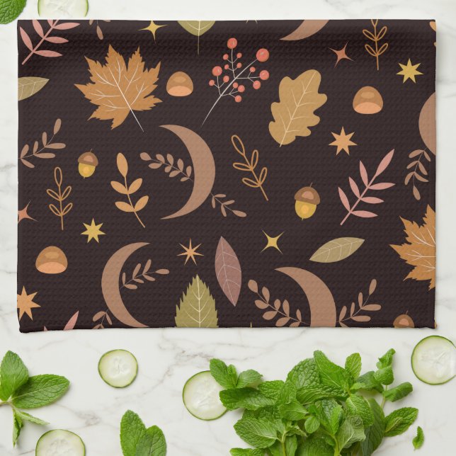 Paño De Cocina Luna boho con patrón de hojas de otoño    (Doblado)