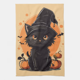 Paño De Cocina Luna llena de gato negro de Halloween