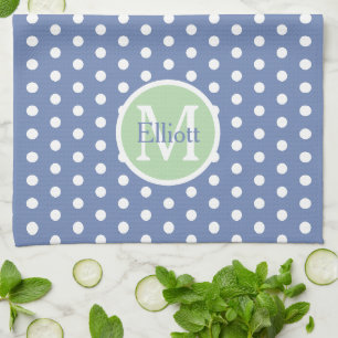 Paño De Cocina Lunares Azules y Blancos Con Monograma Verde