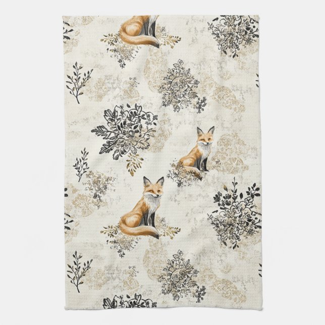 Paño De Cocina Luxury Black & Gold Botanical Fox Art (1) (Vertical)