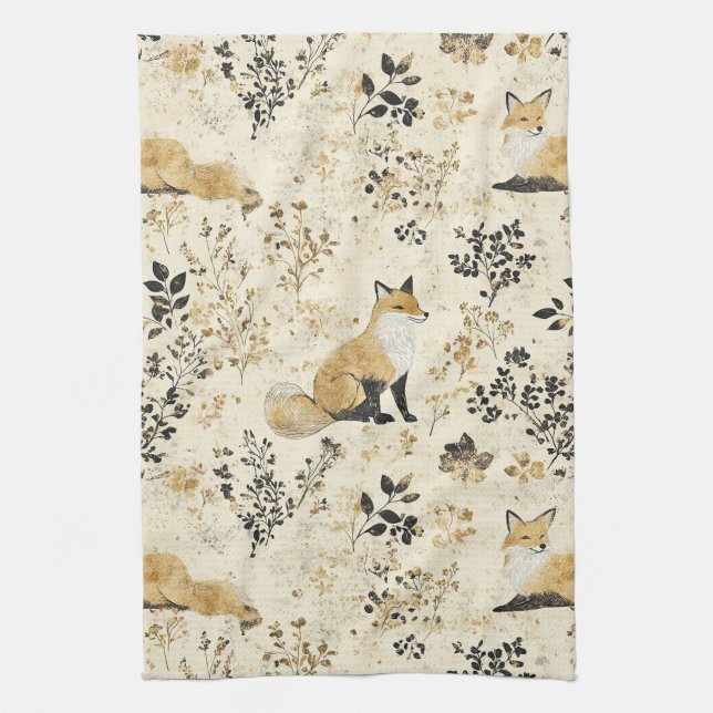 Paño De Cocina Luxury Black & Gold Botanical Fox Art (2) (Vertical)