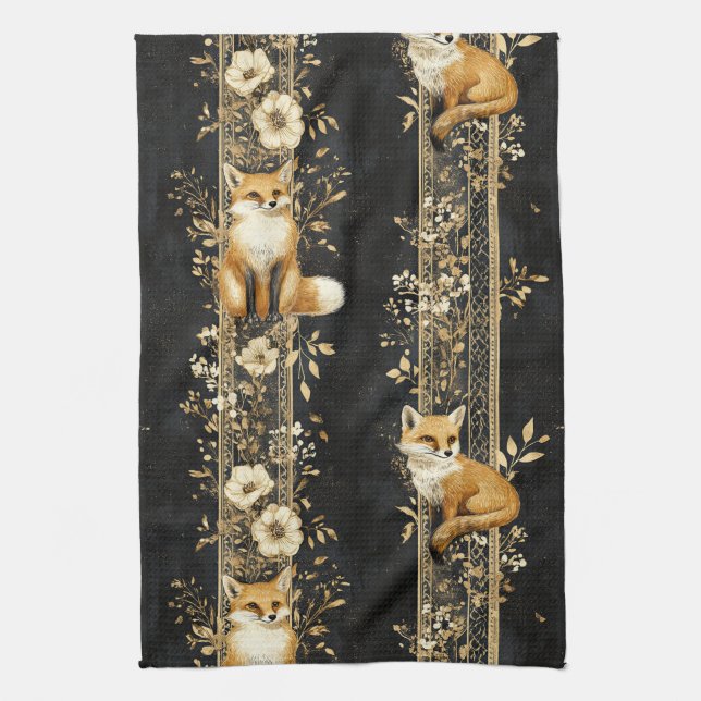 Paño De Cocina Luxury Black & Gold Botanical Fox Pattern (2) (Vertical)