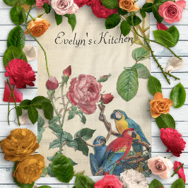 Paño De Cocina Macaws Y Rosas Vintage