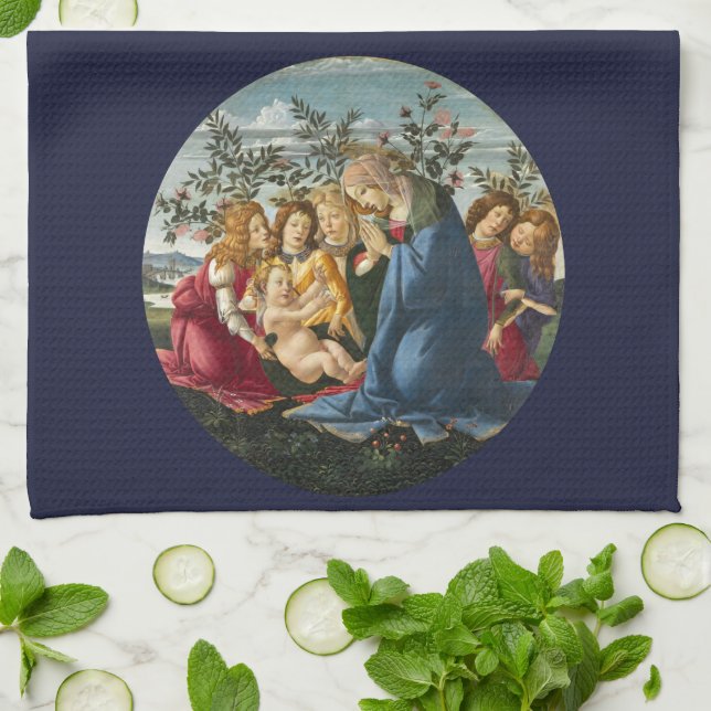 Paño De Cocina Madonna Adorando al niño con 5 ángeles Botticelli (Doblado)