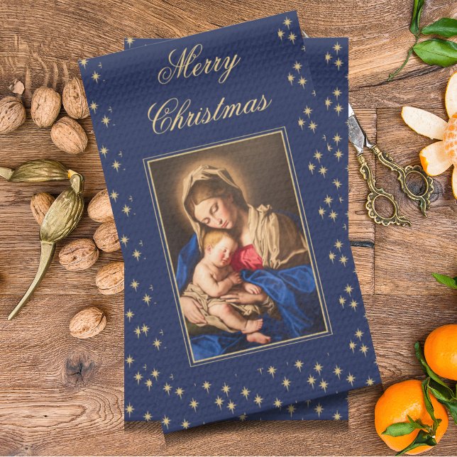 Paño De Cocina Madonna y decoración de Navidad religiosa infantil (Blue and gold, Madonna and Child religious Christmas towel. Great as a decoration or gift.)