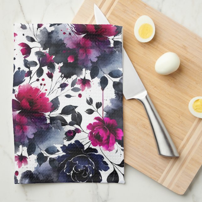Paño De Cocina Magenta Rosa y Azul Acuarela Floral Tinta (Doblado Cuarto)