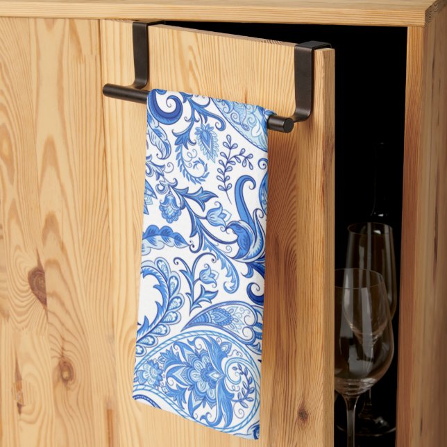 Paño De Cocina Magnífico patrón de arte Paisley floral azul blanc (Pliegue de tercios)