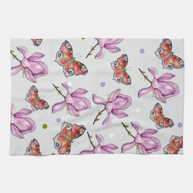 Paño De Cocina Magnolia and butterflies, watercolor pattern (Horizontal)