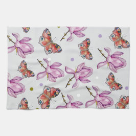 Paño De Cocina Magnolia y mariposas, patrón de acuarela