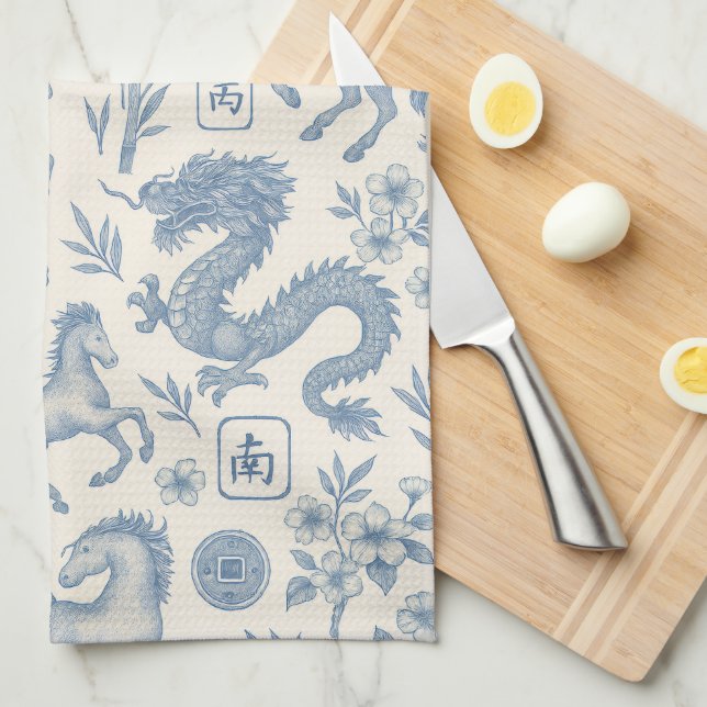Paño De Cocina Mahjong Toile Kitchen Towel - Horses and Dragons (Doblado Cuarto)