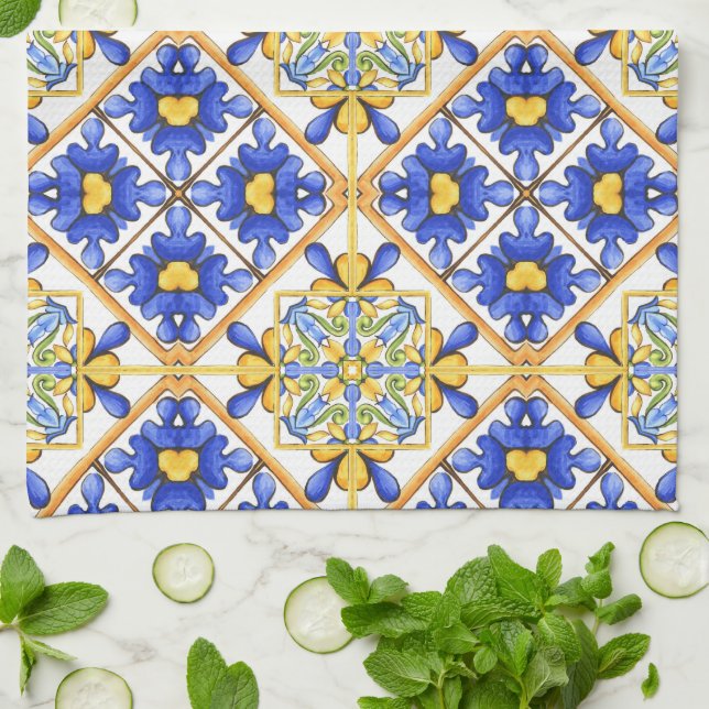 Paño De Cocina Majólica, azulejos mediterráneos, (Doblado)