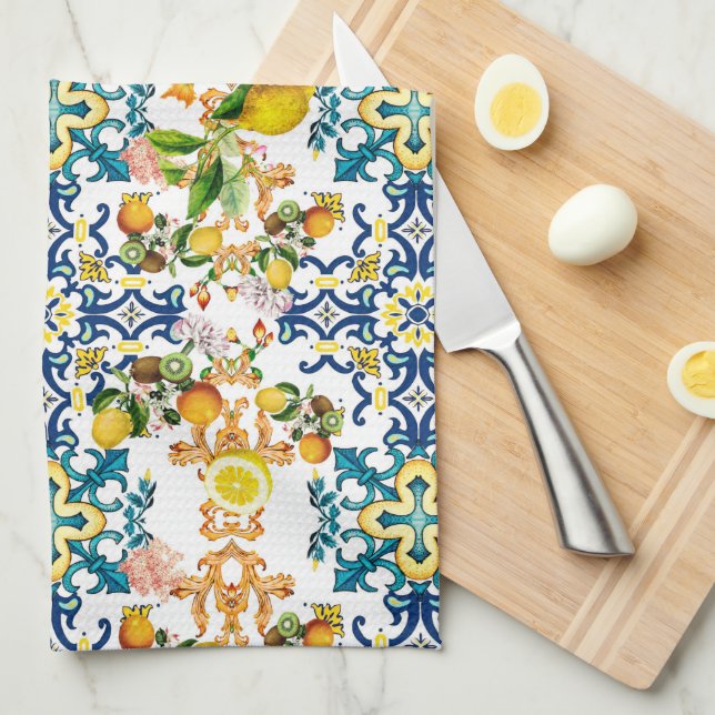 Paño De Cocina Majólica, azulejos sicilianos, cítricos de los lim (Doblado Cuarto)