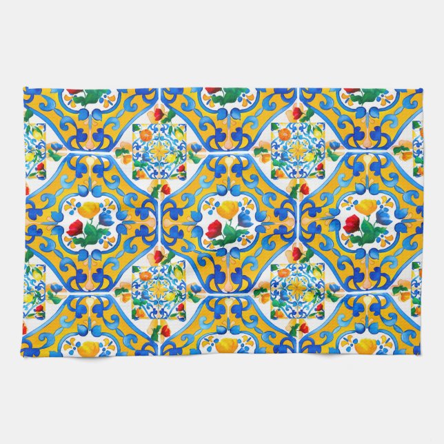 Paño De Cocina Majólica, limón, azulejos sicilianos, (Horizontal)