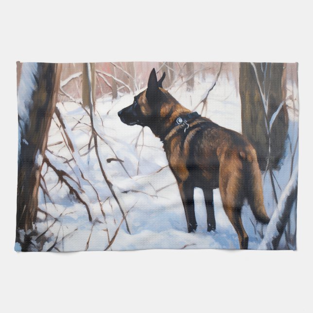 Paño De Cocina Malinois Belga Deja que nieve Navidad (Horizontal)