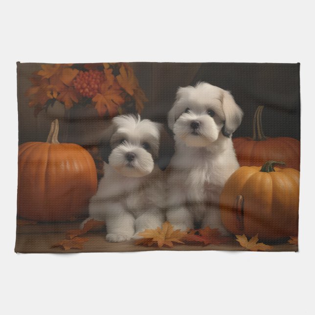 Paño De Cocina Malti tzu Puppy Calabaza deslumbrante de otoño (Horizontal)