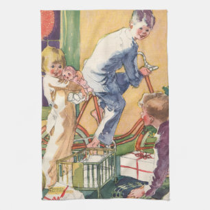 Paño De Cocina Mañana de Navidad Vintage, niños con regalos