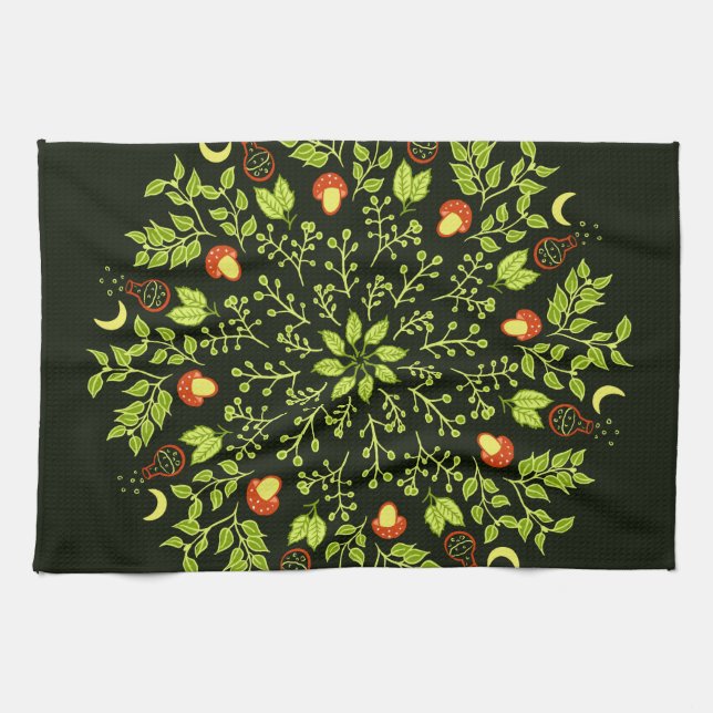 Paño De Cocina Mandala de bruja verde - Pociones y hongos (Horizontal)