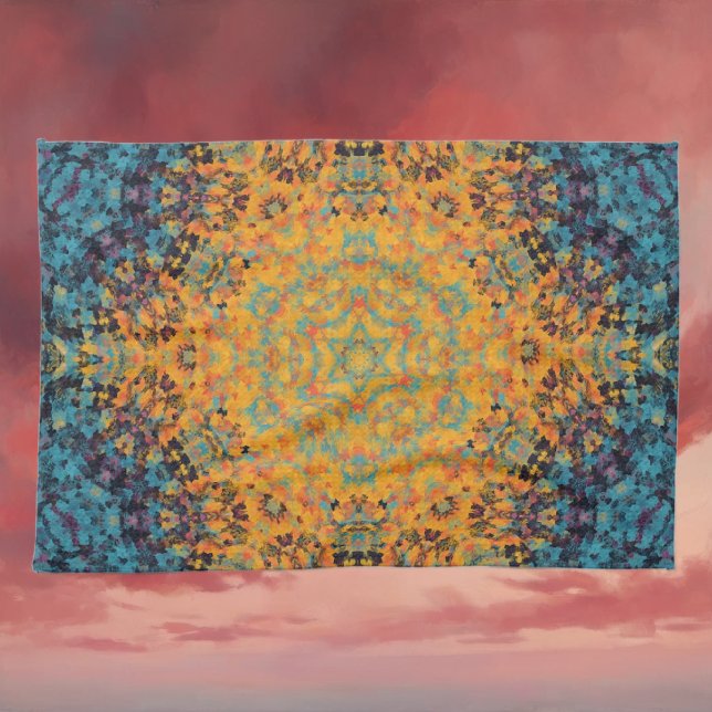 Paño De Cocina Mandala digital amarillo azul y rojo (Yellow Blue and Red Digital Mandala Kitchen Towel by Wormhole Orbital)