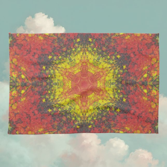 Paño De Cocina Mandala digital Amarillo rojo y negro (Yellow and Red Digital Paint Mandala Kitchen Towel By Wormhole Orbital)