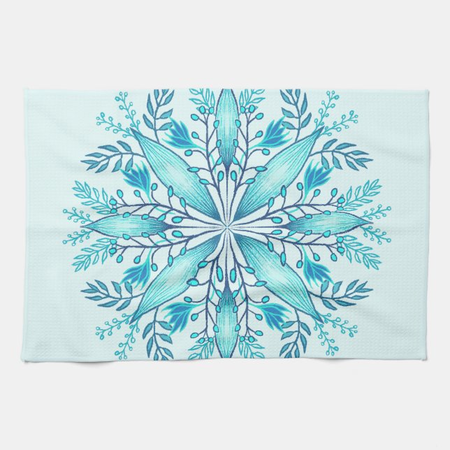 Paño De Cocina Mandala floral - Boho azul turquesa Snowflake (Horizontal)