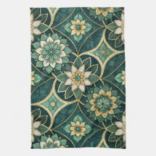 Paño De Cocina Mandalá floral esmeralda y dorado - Ornamental