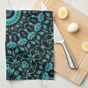 Paño De Cocina Mándala Floral Negro Verde Azul Oscuro